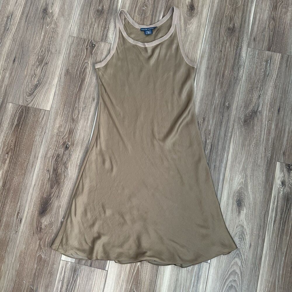 Ralph Lauren Women’s Camel Sleeveless Midi Dress Size 8 Lined Chiffon V-Neck